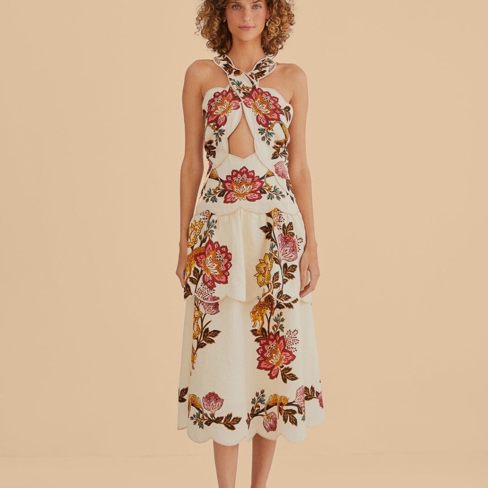 Sand Leopard Flowers Cut Out Midi Dress